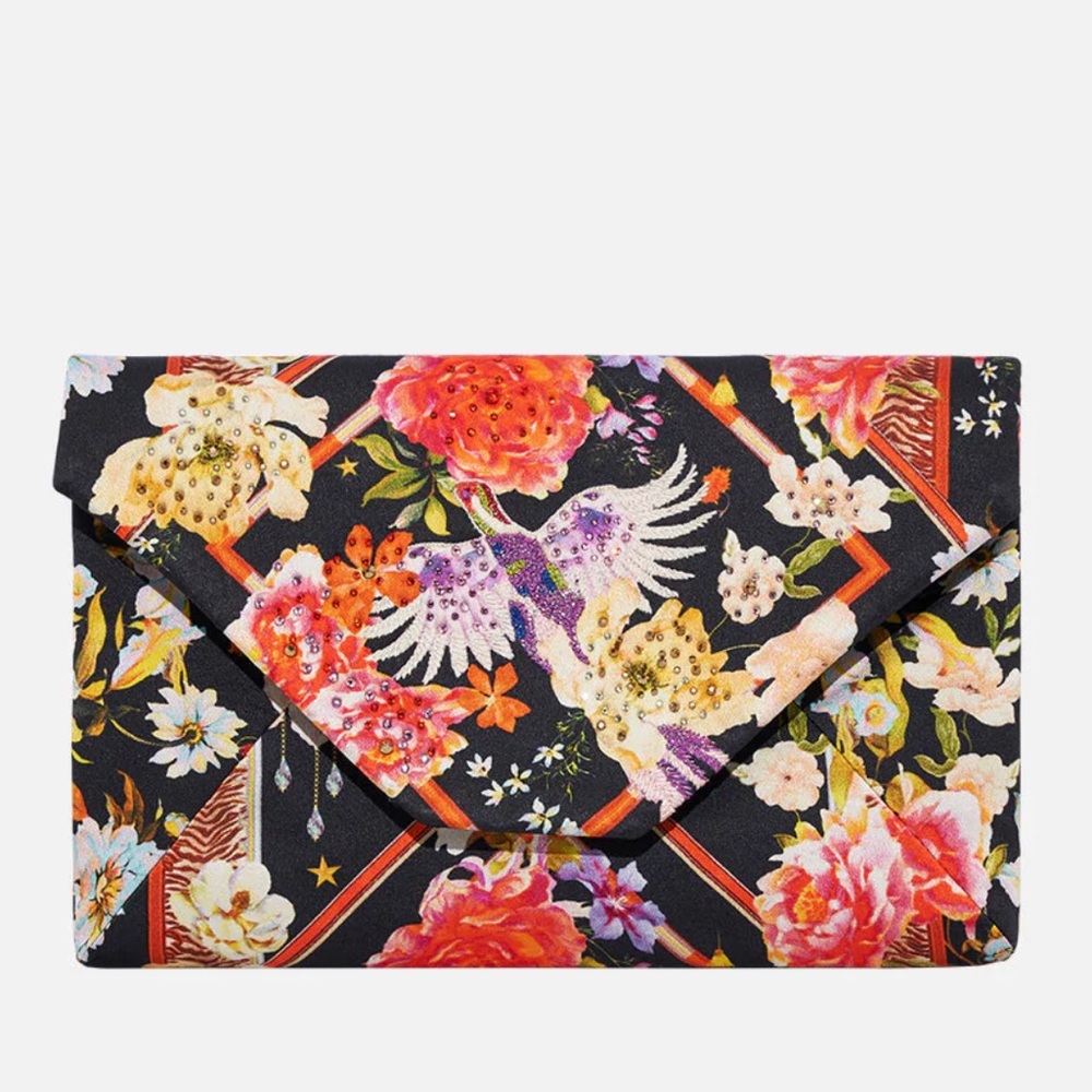 CAMILLA *Secret History* black floral silk envelope clutch evening bag